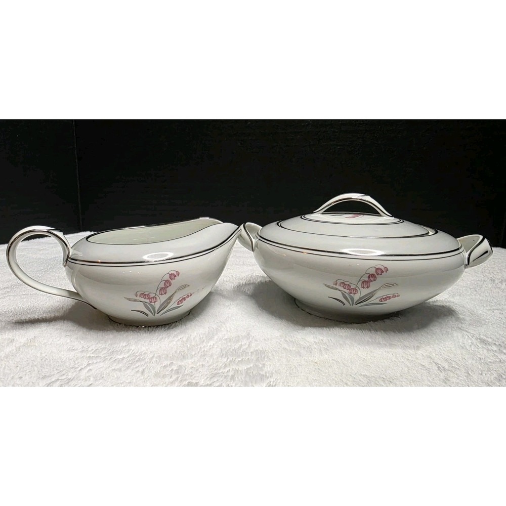 MCM‎ Vintage Noritake Sugar Bowl & Creamer 5518, with Pink Lily of the Valley